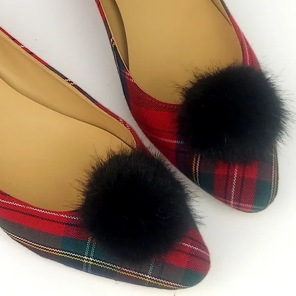 Talbots Edison Tartan Plaid Faux Fur Pom Pom Flats 8.5 - Picture 4 of 15